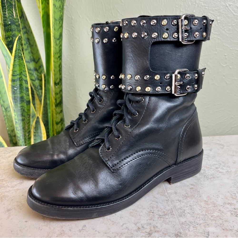 ISABEL MARANT Black Leather Studded Goth Rock Teylon Combat Moto Biker Boots 7.5